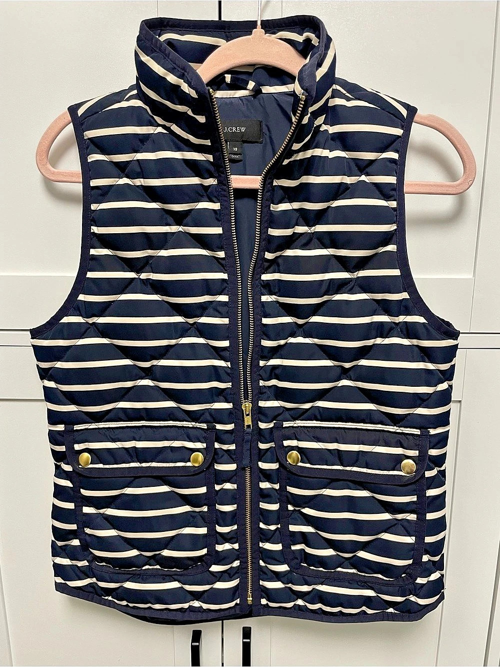 J.Crew Quilted Puffer Vest, Blue & White Stripes XS